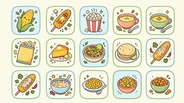 A charming collection of 15 cute, cartoon-style illustrations featuring various corn-based food items and dishes, presented in a grid format.