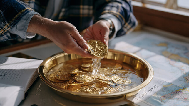 Marine salvage conservation specialist rinsing encrusted gold doubloons recovered from a colonial-era Caribbean shipwreck under fresh water in a shipboard laboratory, recovery log open beside the ex