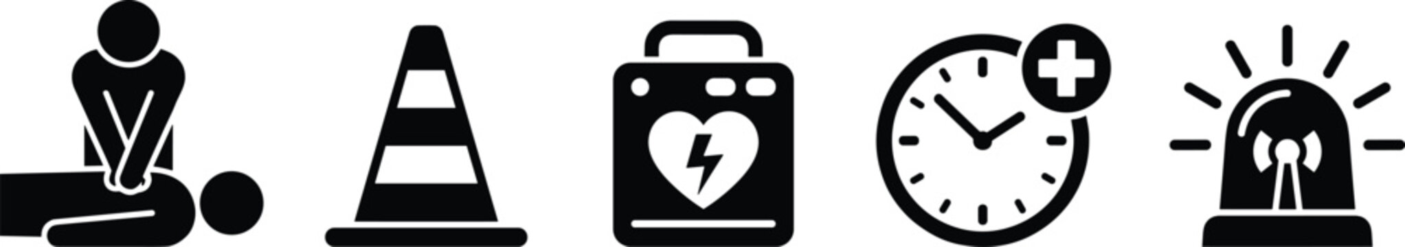 First aid and emergency response icons featuring cpr traffic cone defibrillator clock and flashing siren.