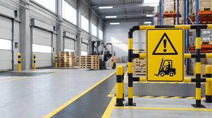 Fototapeta premium Industrial safety barrier with yellow warning sign for forklift zone representing workplace hazard control and regulation