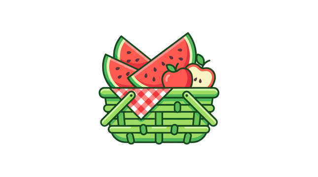 Fresh watermelon slices and apples in a green picnic basket