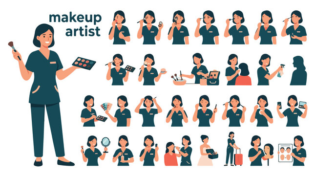 Professional makeup artist character set, female beautician in uniform with cosmetics palette, visagiste person poses in flat vector style