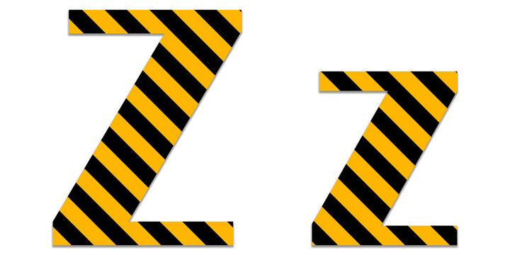 Large and small letter z with yellow and black diagonal hazard warning stripes on white background isolated on a transparent background