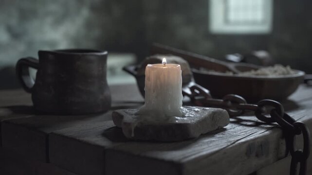 Bowl of porridge, crust of bread and rusty shackles with chains on a wooden table near a burning candle inside a dark jail cell, camera tracking shot