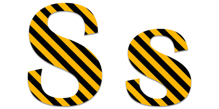 Uppercase and lowercase letter s with yellow and black diagonal hazard warning stripe pattern isolated on a transparent background