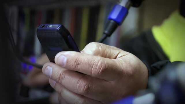 Close Up Of Person Using Vintage Mobile Telephone Inside Recording Booth - 4K