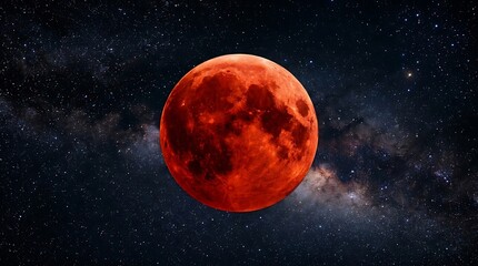 Fototapeta premium Bright red full moon during lunar eclipse in deep dark space with space exploration astronomy astrophysics universe celestial