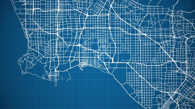 Ink reveal animation of Long Beach city, California (CA), United States of America, grid map. Aerial top view. Blueprint style. White lines with blue background. 4K Seamless loop.