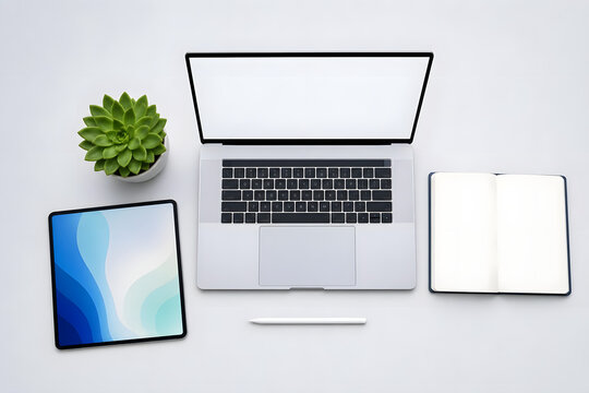 Overhead flat lay of modern health technology innovation workspa