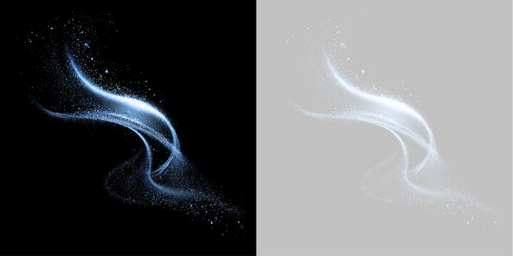 Transparent PNG overlay of a glowing blue light wave with falling frost powder and stipple star trails abstract textured background with fresh cold breeze sparkling winter air effect design streaks