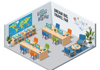An isometric office with two desks bookshelves a wall map and a small lounge area with chairs and a table © Vector Graphic
