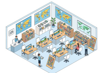 An isometric office with workers desks computers bookshelves and world maps on walls © Vector Graphic