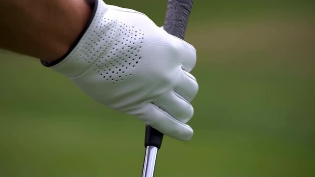 Close-up view of white golf glove gripping dark patterned club handle, thumb resting over top, fingers wrapped firmly, showing detailed leather texture, creases, and sporty preparation outdoors