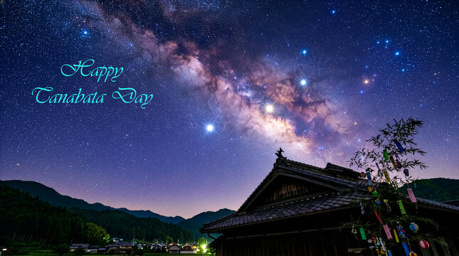 A stunning visual representation of the Tanabata myth, showing the Milky Way stretching across a deep indigo night sky