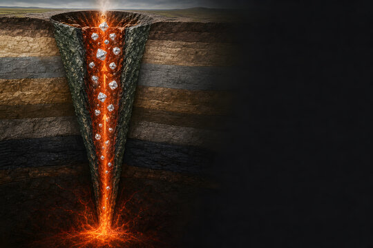 Diamond bearing kimberlite pipe rising through layered crust
