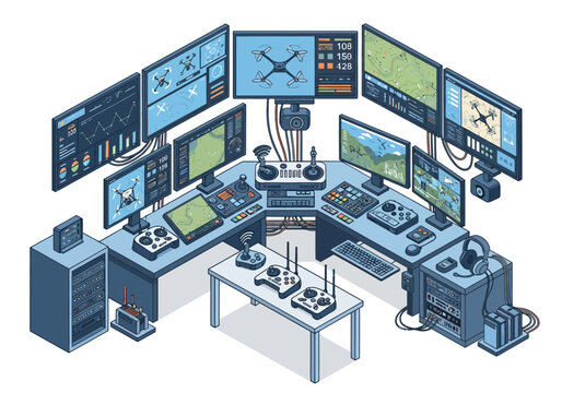 Isometric command station with multiple monitors drone controllers and computer racks