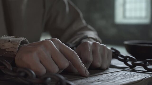 Medieval prisoner locked in heavy shackles pulling rusty iron chains in anger at a wooden table, dropping arms and gently rubbing skin inside a gloomy jail cell