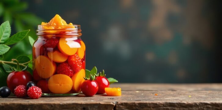 Jar filled with colorful preserves on a rustic wooden shelf, food, ingredients, shelf