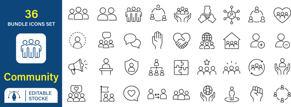Community Network Vector Outline Icons Set, Teamwork Collaboration Social Connection Line Icon Collection, Community Engagement Support Membership Editable Black Symbols Bundle, Modern UI UX 