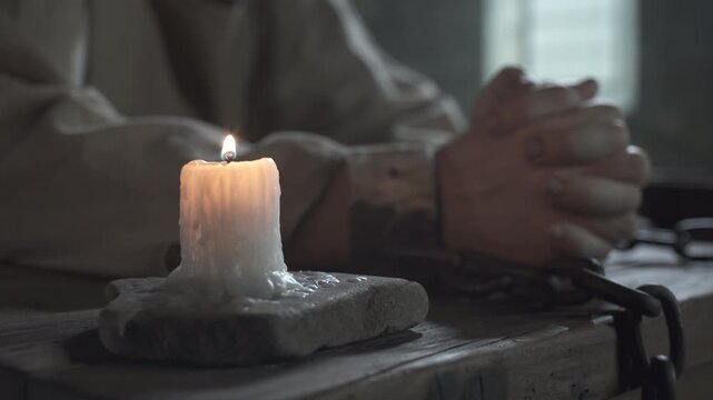 Chained hands of a medieval prisoner folded in prayer on a wooden table next to a burning candle, inside a dark dungeon cell, tracking shot