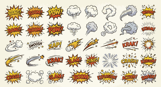Comic Book Action Effects and Explosion Shapes Vector Set