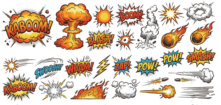 Comic Book Action Effects and Explosion Shapes Vector Set