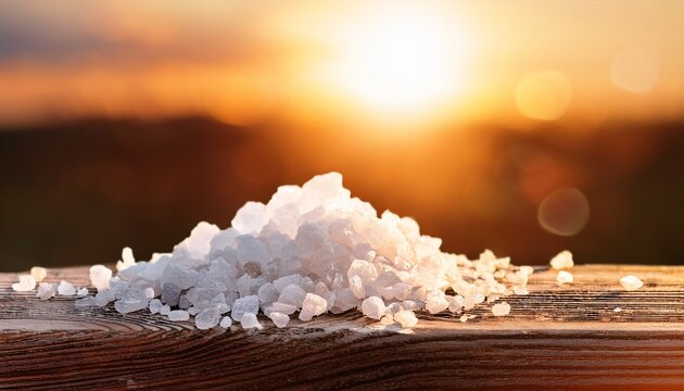 Close Up Of Salt Crystals On Textured Wood Surface With Bokeh Background At Sunset