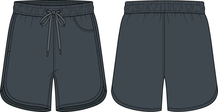 Unisex dark grey sweat shorts technical fashion sketch vector illustration featuring front and back view elastic drawstring waistband pocket athletic apparel template