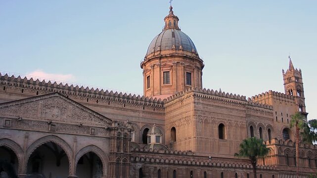 Exterior View Of Historic Palermo Cathedral Landmark In Palermo Sicily Italy - 4K