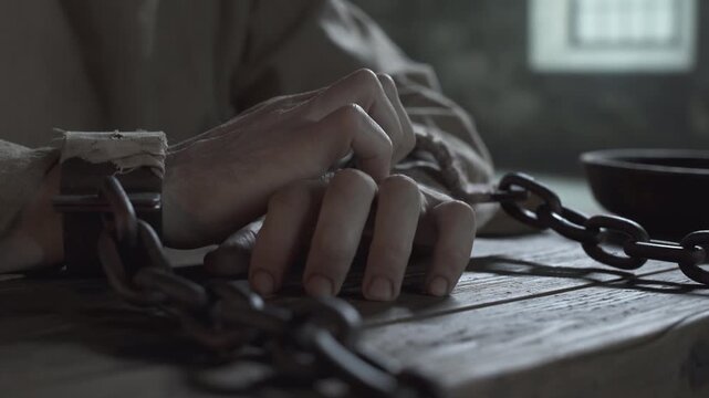 Hands of a medieval prisoner locked in iron chains, the right hand scratching the left hand on a wooden table inside a dark dungeon