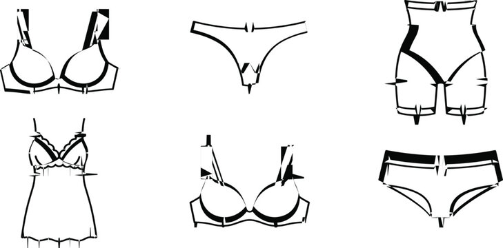 Women lingerie and underwear flat sketches collection vector illustration featuring underwire bra thong slip dress push up bras shapewear shorts and briefs