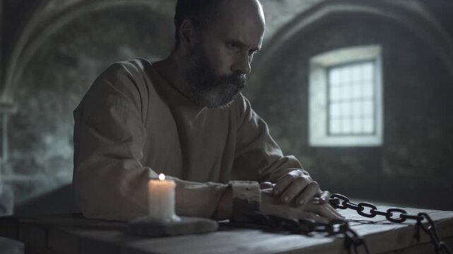 Bearded medieval man locked in iron shackles staring blankly, pulling chains with effort and helplessly dropping his hands onto a wooden table next to a burning candle, inside a gloomy dungeon