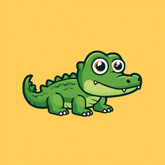 Fototapeta premium A cute cartoon crocodile in a simple flat style, featuring big expressive eyes, a friendly smile, simple shapes, and a thick outline against a solid colorful background.