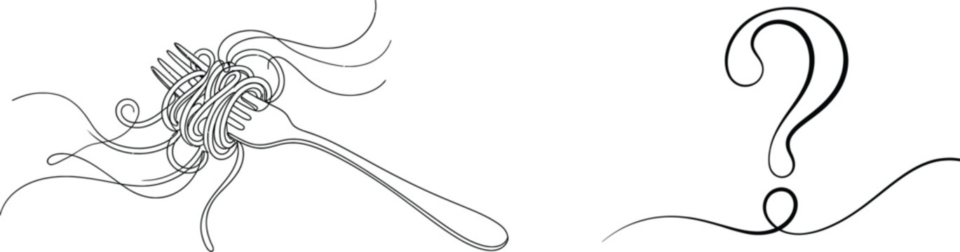 Line art illustration of spaghetti on a fork with a decorative question mark element
