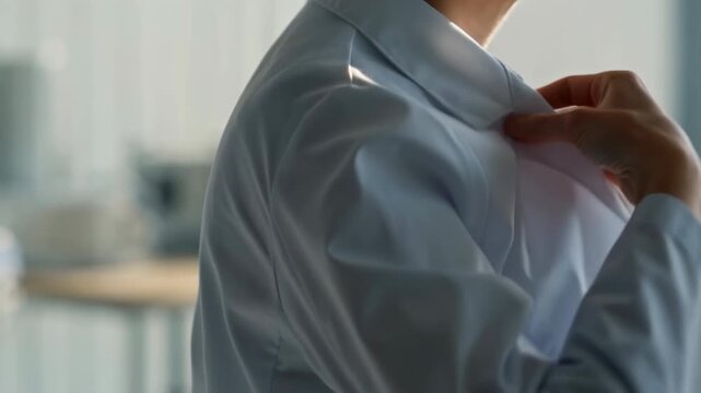 Close-up office dressing gesture with jacket lifted over buttoned shirt, hands adjusting collar, fabric folds and shoulder line creating polished business appearance in soft daylight