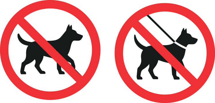 No Dogs Allowed Prohibited Sign Set with Walking Dog and Leash Silhouettes for Public Park Restrictions Pet Rules and Property Policy Warning LabelsNo Dogs Allowed Prohibited Sign Set with Walking Dog