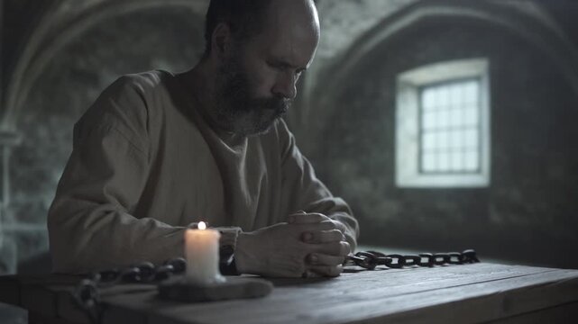 Medieval prisoner locked in iron shackles praying with clasped hands and whispering at a rustic wooden table next to a solitary burning candle on a stone base, inside a gloomy dungeon