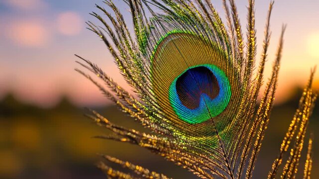 Macro shot of peacock feather glowing in sunset light with iridescent eye pattern and golden bokeh background