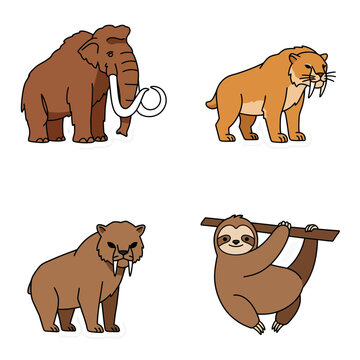 Discover a delightful cartoon collection of ancient megafauna, featuring a majestic woolly mammoth, fierce saber-toothed cats, and a friendly giant sloth.