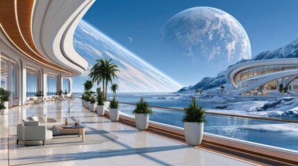 Obraz premium Lunar luxury resort terrace overlooking icy shore and massive planet on the horizon