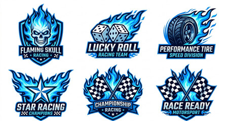 Blue flame motorsport emblem collection with skull tire dice star and racing flags © Md