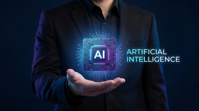 Businessman holding virtual glowing artificial intelligence microprocessor chip concept