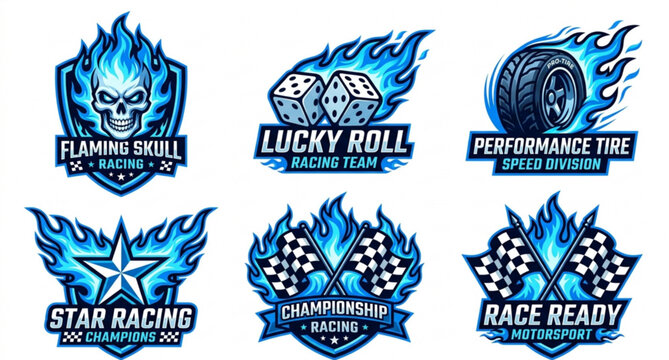 Blue flame motorsport emblem collection with skull tire dice star and racing flags