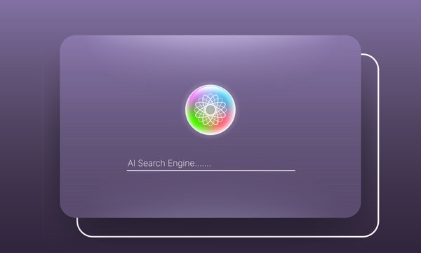 AI search engine user interface mockup with glowing futuristic logo icon