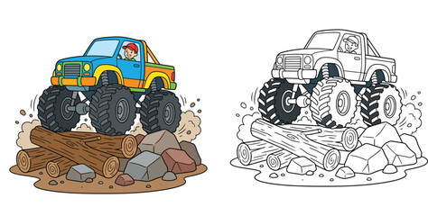 Cartoon monster truck off-road driving over logs and rocks. Color illustration and black and white line art coloring page outline with boy driver vector. © SHOHAG