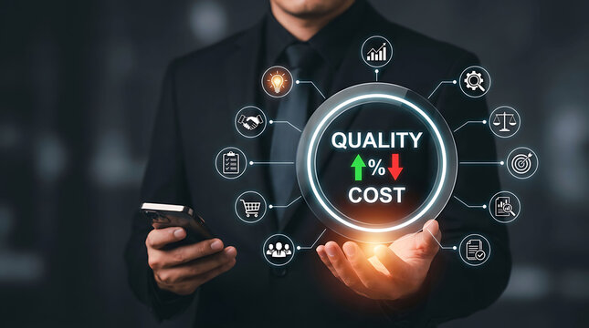 Businessman holding smartphone presenting virtual cost reduction and quality growth process network