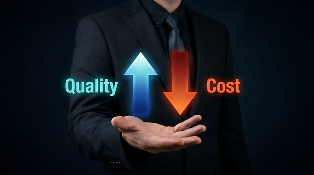 Businessman holding virtual glowing arrows presenting higher quality and lower cost