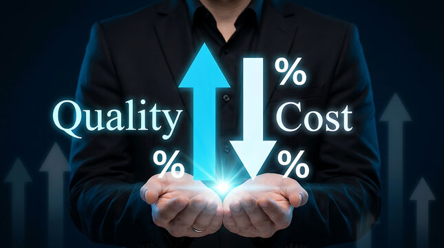 Businessman presenting virtual arrows showing high quality increase and cost reduction