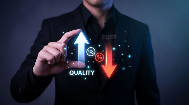 Businessman hand holding virtual arrows showing quality increase and cost reduction