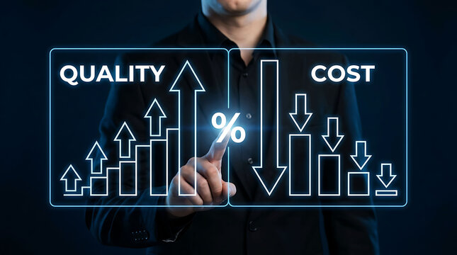 Businessman pointing at percentage sign analyzing cost reduction and quality growth chart